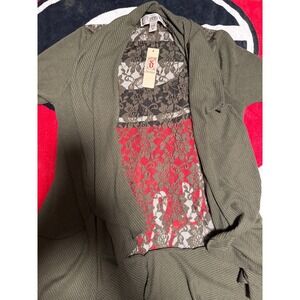 Decree Cardigan Women S Olive Green NWT Lace Back Ribbed Open Front Short Sleeve